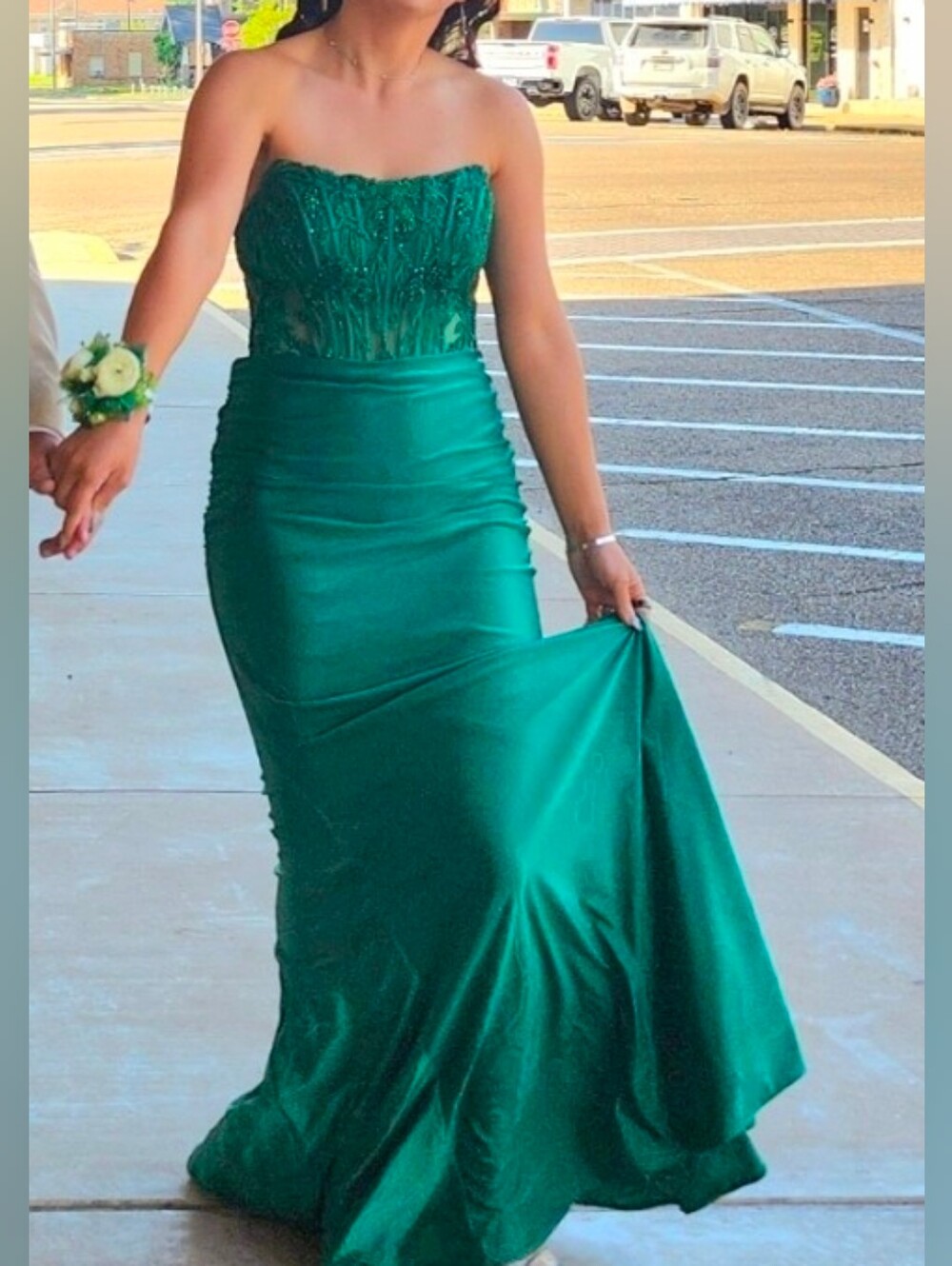 Faviana Emerald Green Beaded Strap Gown
